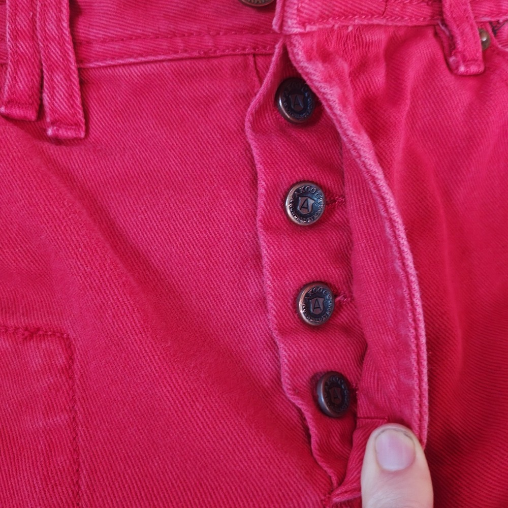 Akoo red cotton denim jeans size 34 32" inseam [Needs Cleaning] Button Fly - Picture 9 of 9